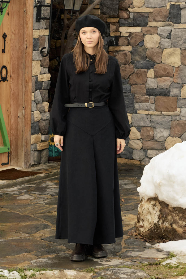 A-Line Pleated Gabardine Skirt Black - 5