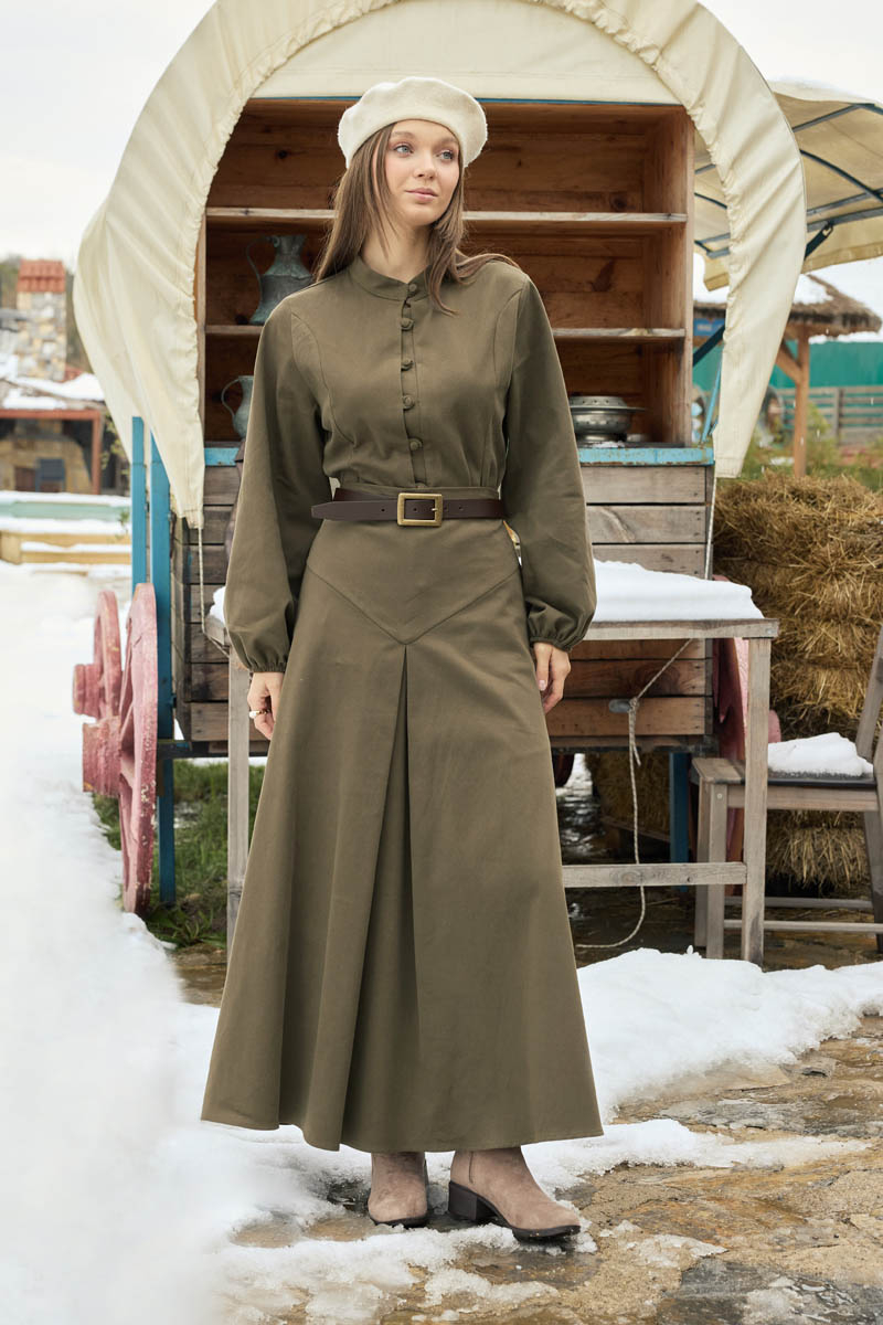 A-Line Pleated Gabardine Skirt Khaki