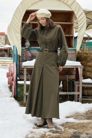 A-Line Pleated Gabardine Skirt Khaki - 2