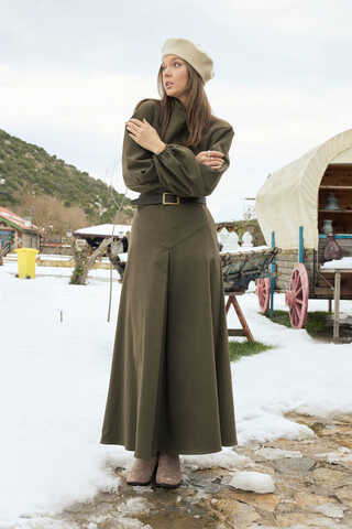 A-Line Pleated Gabardine Skirt Khaki - 3