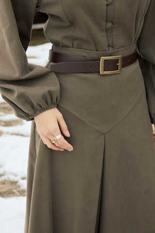 A-Line Pleated Gabardine Skirt Khaki - 4