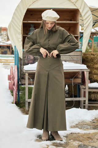 A-Line Pleated Gabardine Skirt Khaki - 5