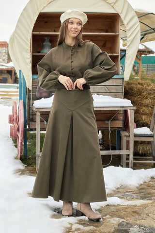 A-Line Pleated Gabardine Skirt Khaki - 6