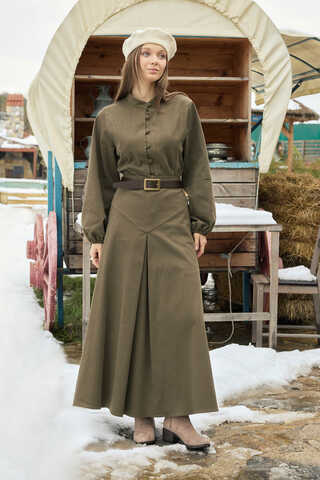 A-Line Pleated Gabardine Skirt Khaki - 1