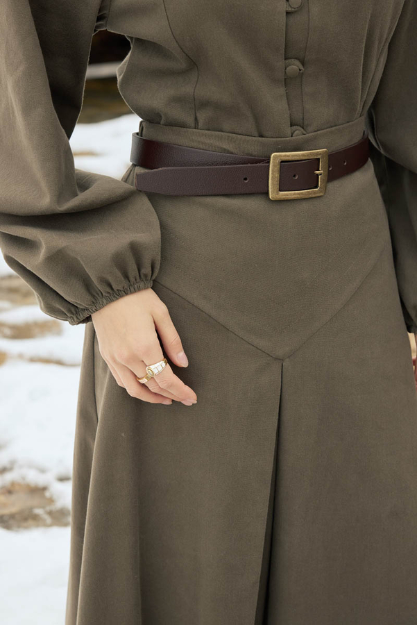 A-Line Pleated Gabardine Skirt Khaki - 4
