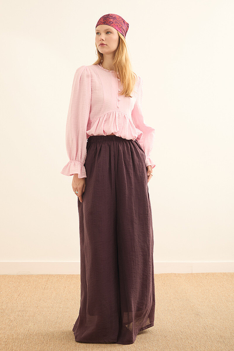 Beli Lastikli Bol Paça Pantolon Bordo - 4