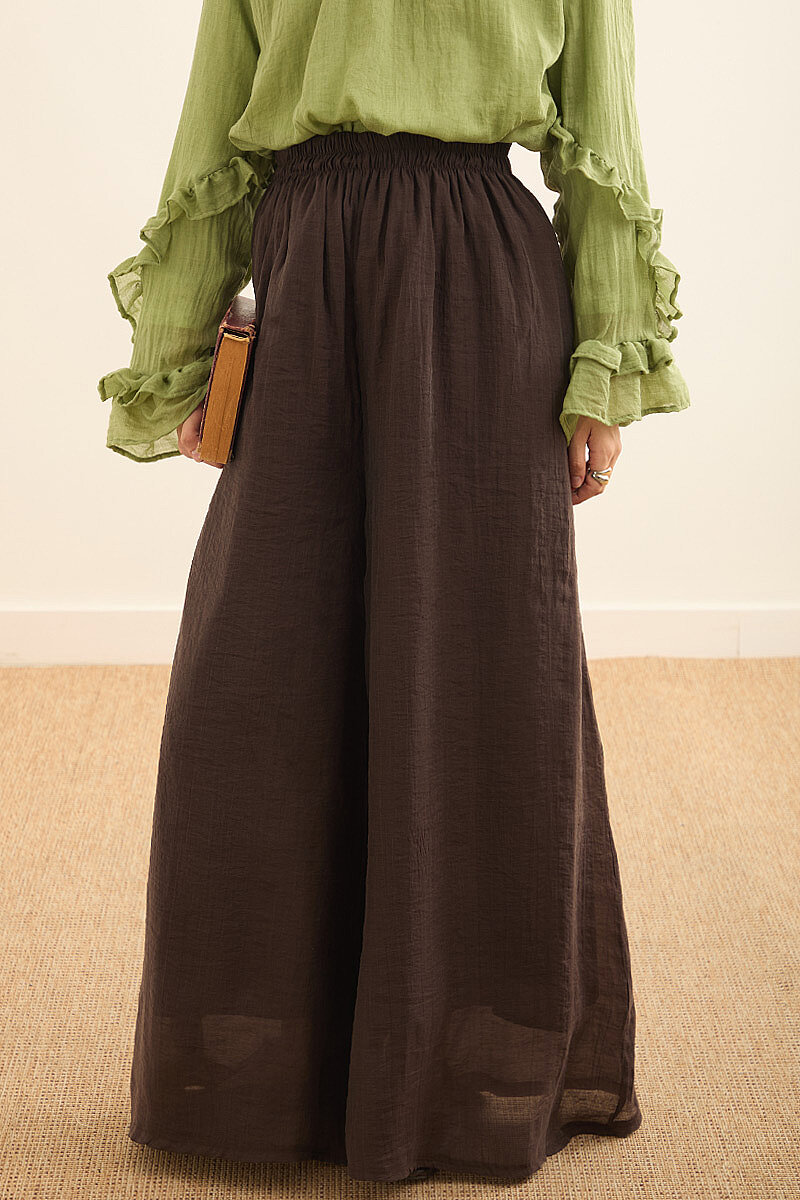 Beli Lastikli Bol Paça Pantolon Kahve - 2