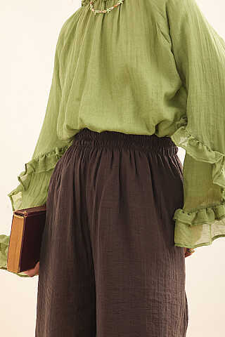 Beli Lastikli Bol Paça Pantolon Kahve - 3
