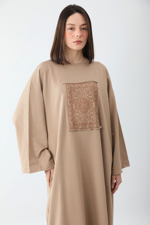 Anadolu Desen Baskılı Sweat Elbise Camel - 2