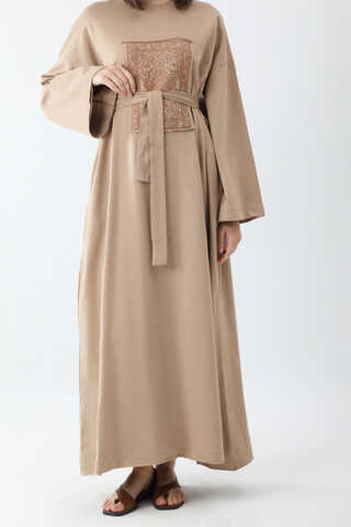 Anadolu Desen Baskılı Sweat Elbise Camel - 6
