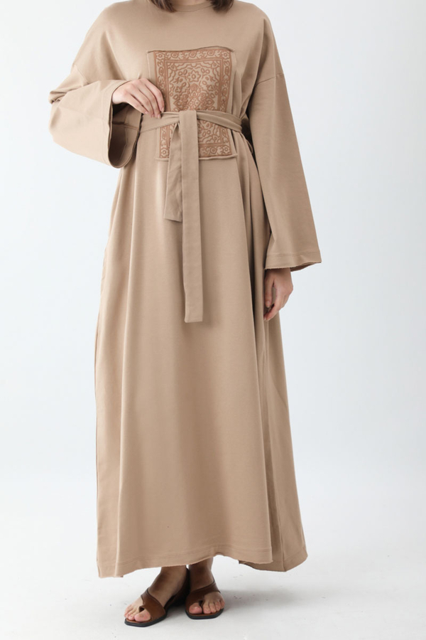 Anadolu Desen Baskılı Sweat Elbise Camel - 6