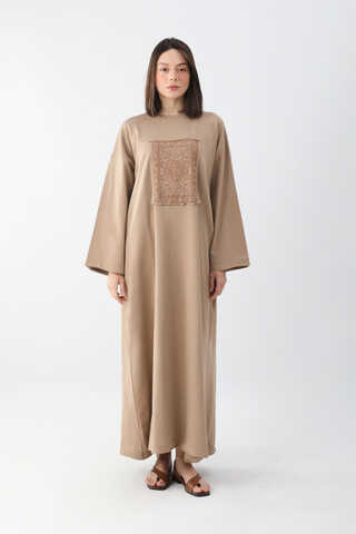 Anadolu Desen Baskılı Sweat Elbise Camel - 1