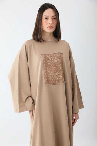 Anadolu Desen Baskılı Sweat Elbise Camel - 2