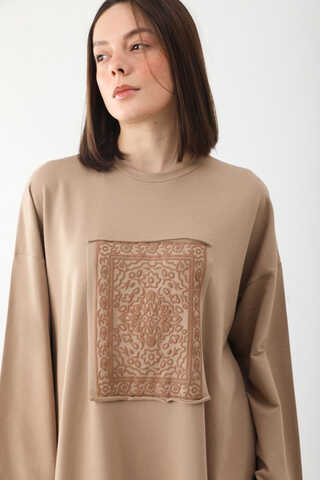 Anadolu Desen Baskılı Sweat Elbise Camel - 3