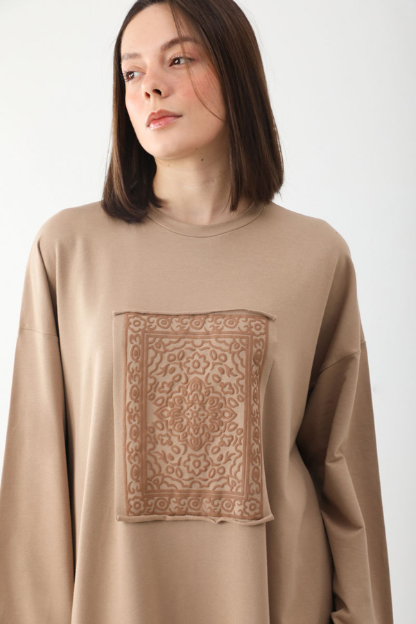 Anadolu Desen Baskılı Sweat Elbise Camel - 3
