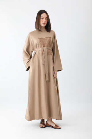 Anadolu Desen Baskılı Sweat Elbise Camel - 7