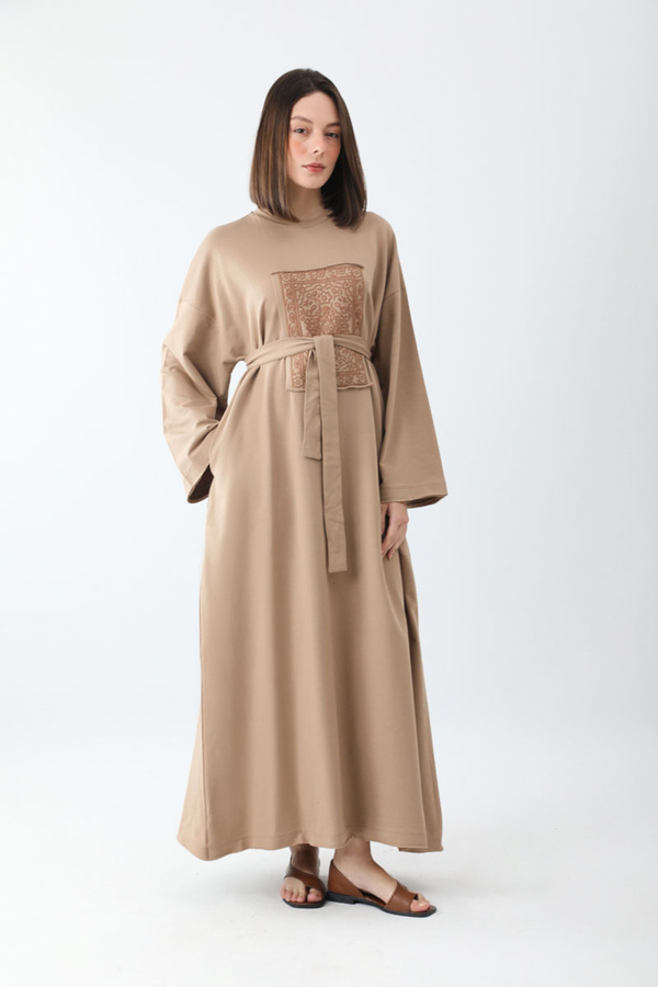 Anadolu Desen Baskılı Sweat Elbise Camel - 7