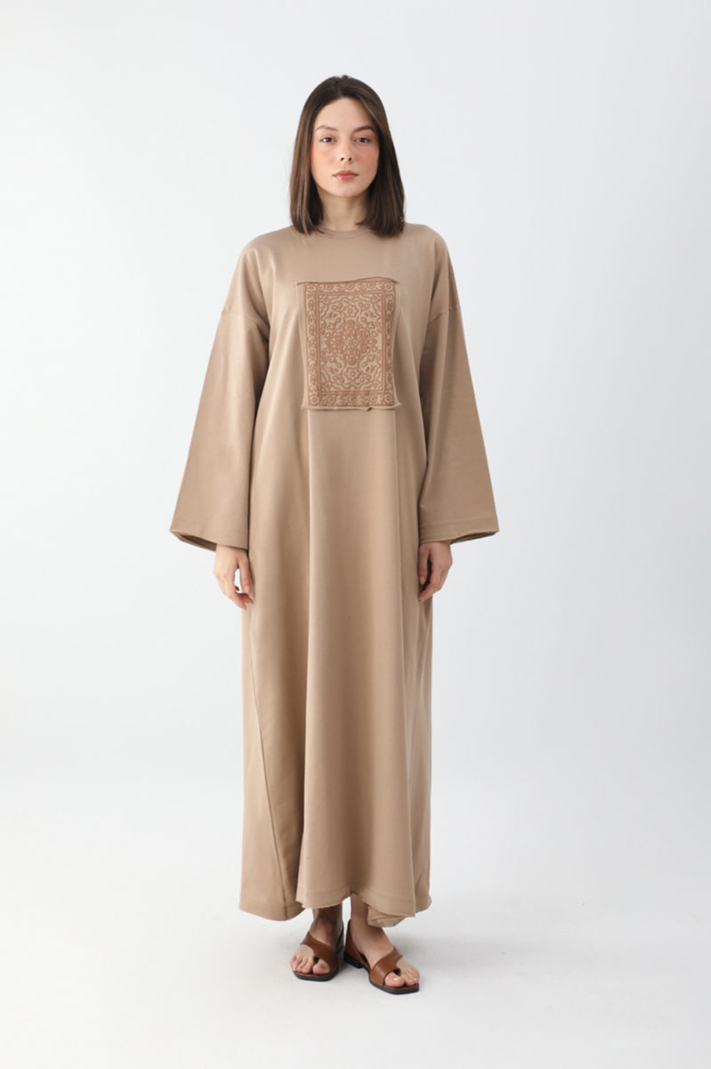 Anadolu Desen Baskılı Sweat Elbise Camel