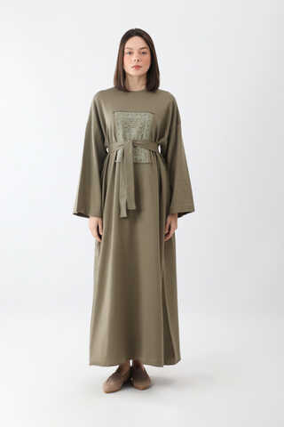 Anadolu Desen Baskılı Sweat Elbise Haki - 1