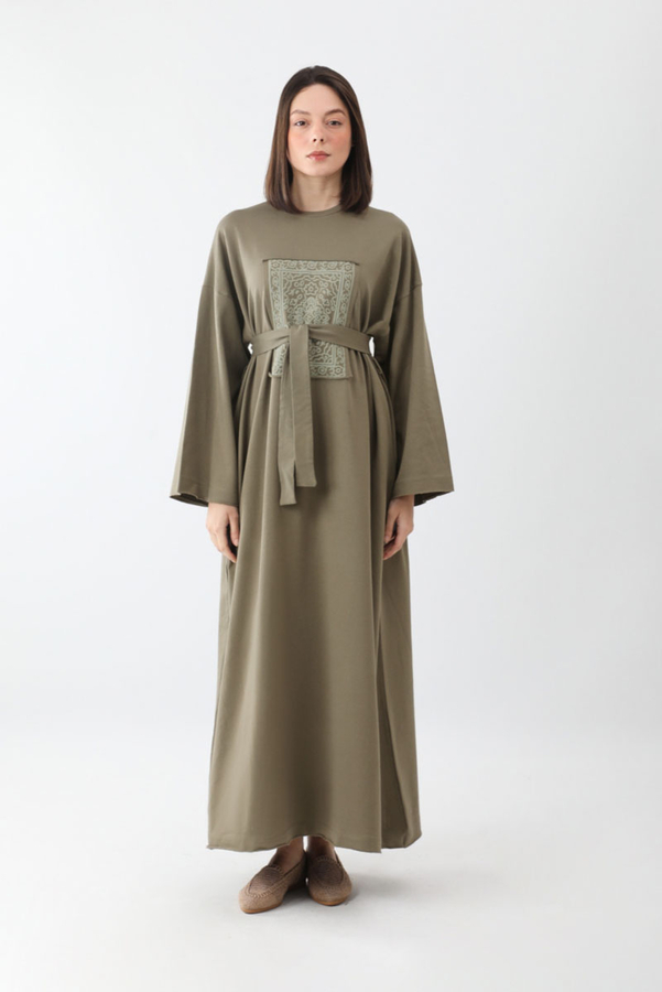 Anadolu Desen Baskılı Sweat Elbise Haki - 1