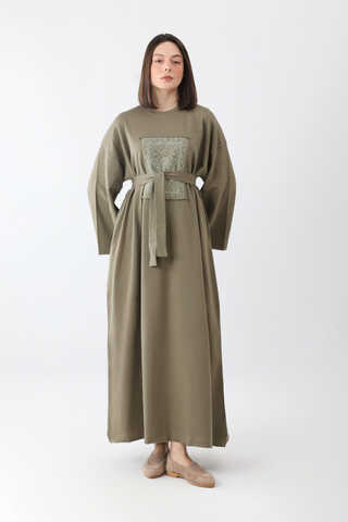 Anadolu Desen Baskılı Sweat Elbise Haki - 9