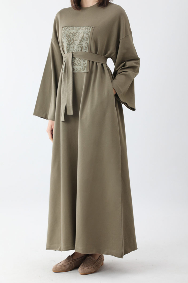 Anadolu Desen Baskılı Sweat Elbise Haki - 10