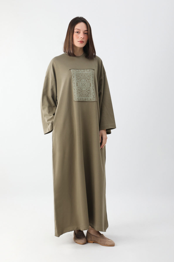 Anadolu Desen Baskılı Sweat Elbise Haki - 4