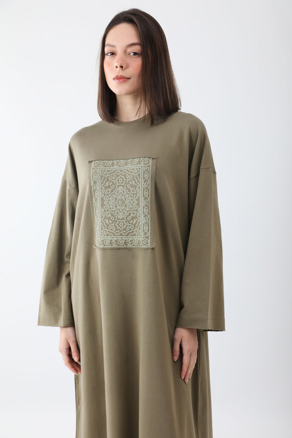 Anadolu Desen Baskılı Sweat Elbise Haki - 8