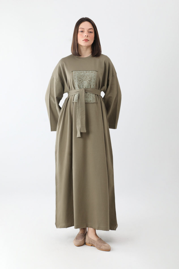 Anadolu Desen Baskılı Sweat Elbise Haki - 9