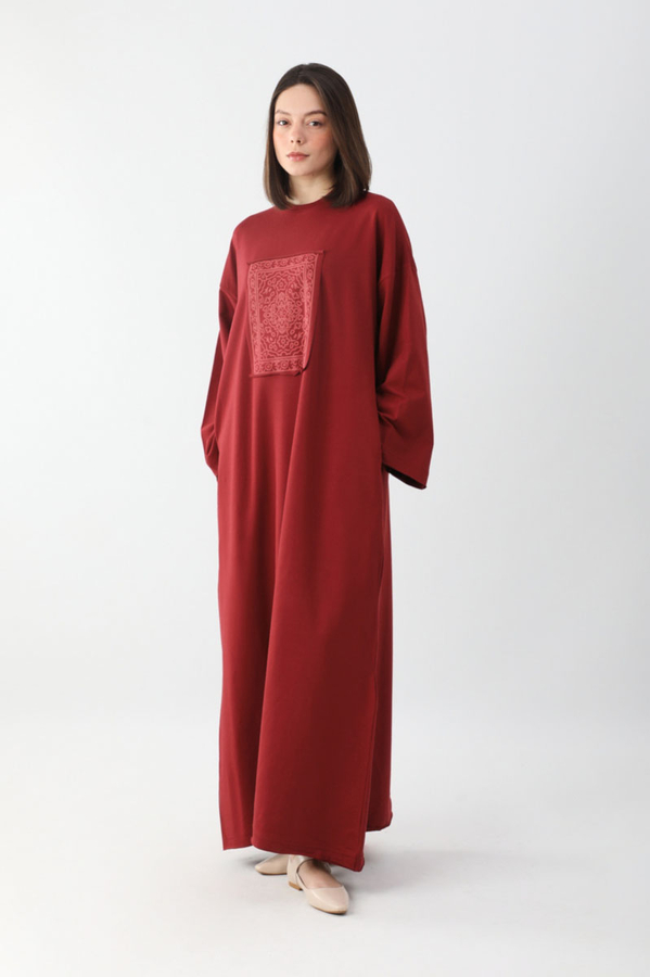 Anadolu Desen Baskılı Sweat Elbise Kırmızı - 4