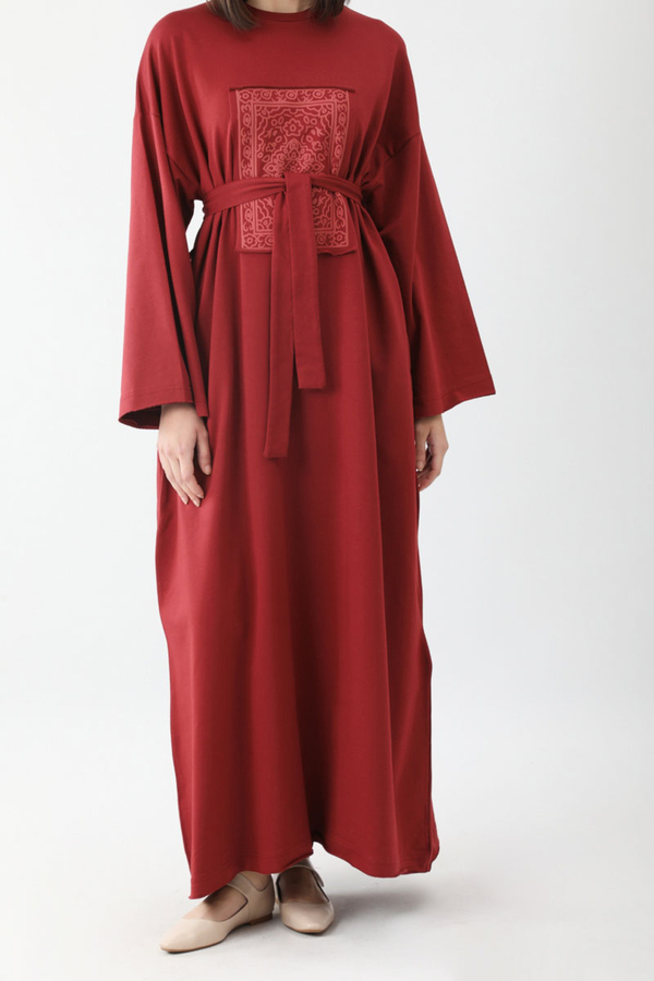 Anadolu Desen Baskılı Sweat Elbise Kırmızı - 7