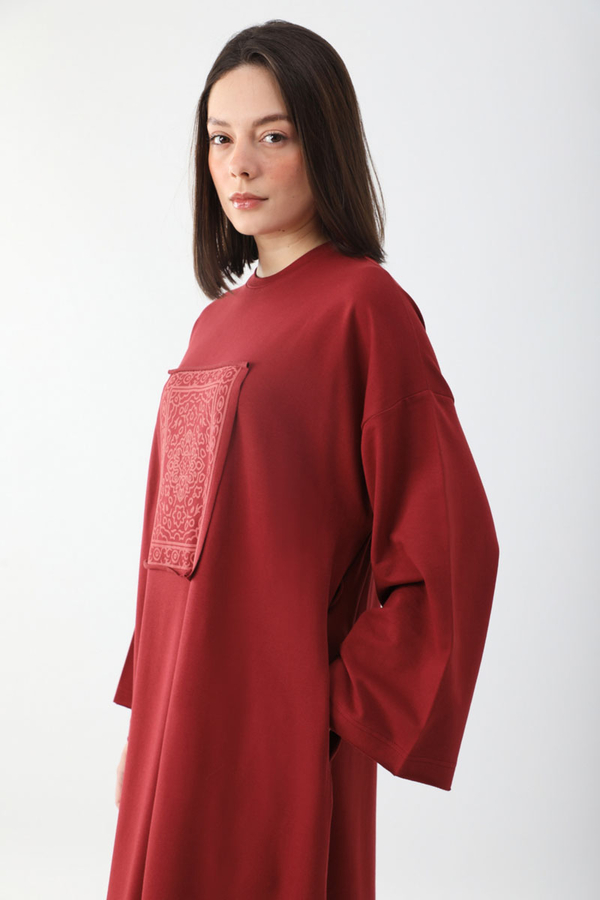 Anadolu Desen Baskılı Sweat Elbise Kırmızı - 8