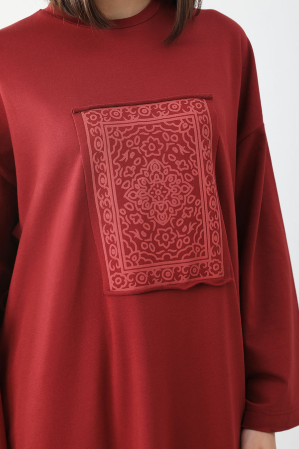 Anadolu Desen Baskılı Sweat Elbise Kırmızı - 9