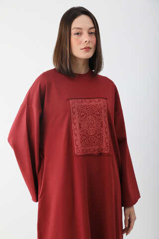 Anadolu Desen Baskılı Sweat Elbise Kırmızı - 2