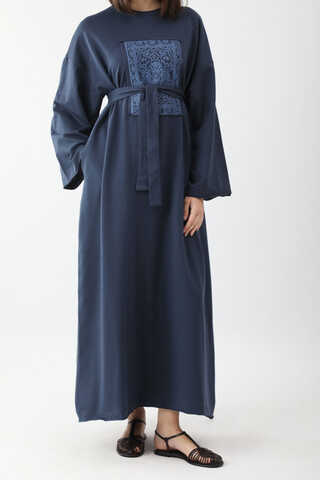 Anadolu Desen Baskılı Sweat Elbise Lacivert - 8