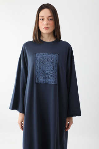 Anadolu Desen Baskılı Sweat Elbise Lacivert - 1
