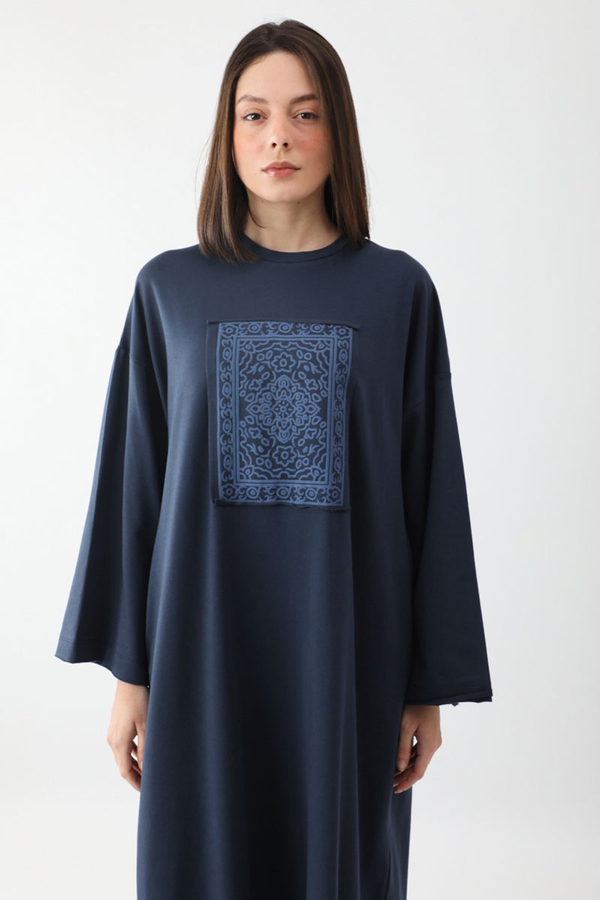 Anadolu Desen Baskılı Sweat Elbise Lacivert - 1