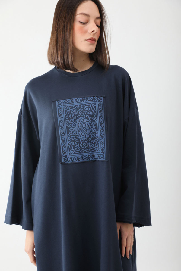 Anadolu Desen Baskılı Sweat Elbise Lacivert - 5