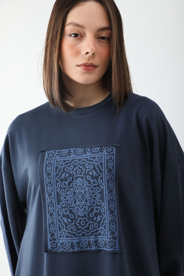 Anadolu Desen Baskılı Sweat Elbise Lacivert - 6