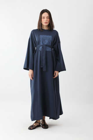 Anadolu Desen Baskılı Sweat Elbise Lacivert - 7