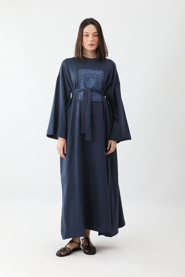 Anadolu Desen Baskılı Sweat Elbise Lacivert - 7