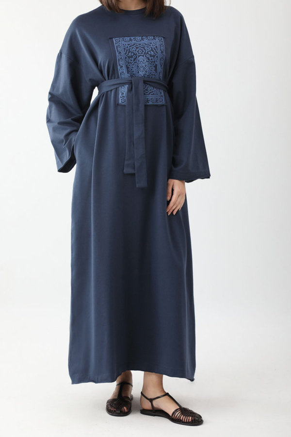 Anadolu Desen Baskılı Sweat Elbise Lacivert - 8