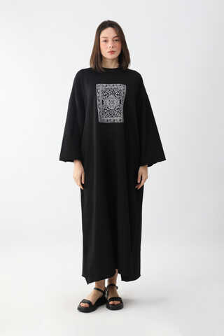 Anadolu Desen Baskılı Sweat Elbise Siyah - 3
