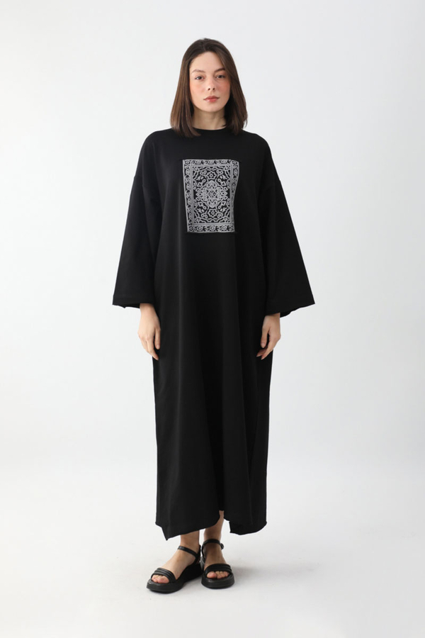 Anadolu Desen Baskılı Sweat Elbise Siyah - 3