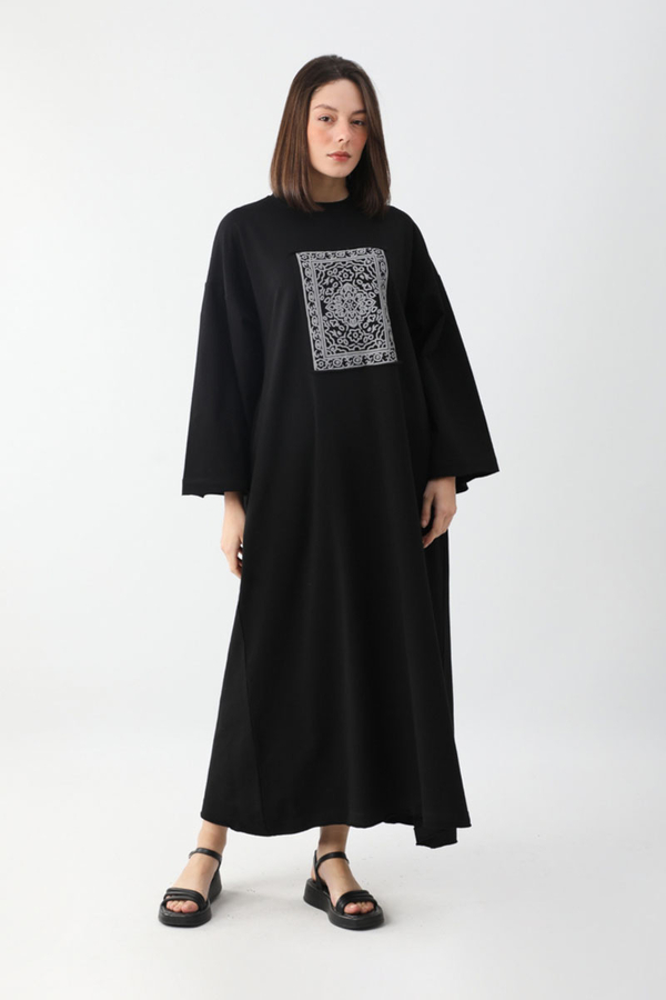 Anadolu Desen Baskılı Sweat Elbise Siyah - 4