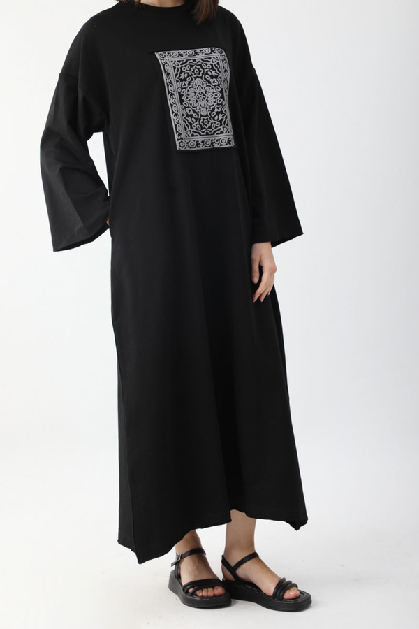 Anadolu Desen Baskılı Sweat Elbise Siyah - 5