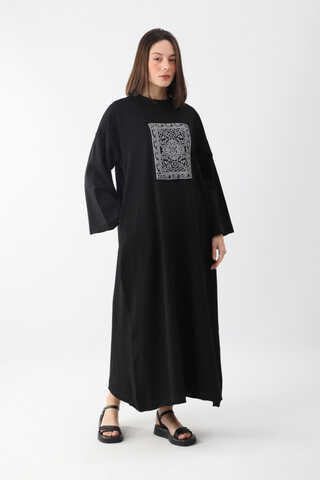 Anadolu Desen Baskılı Sweat Elbise Siyah - 1