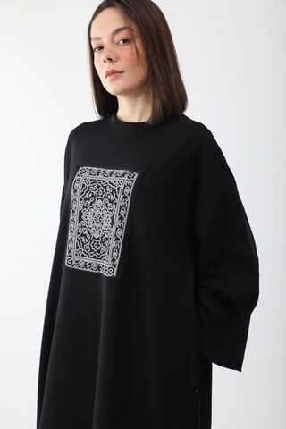 Anadolu Desen Baskılı Sweat Elbise Siyah - 2