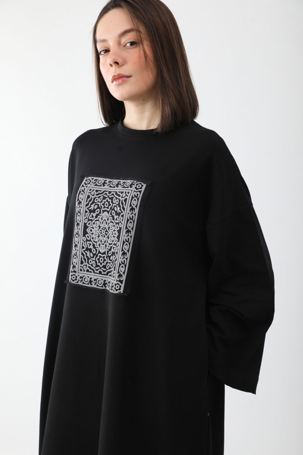 Anadolu Desen Baskılı Sweat Elbise Siyah - 2