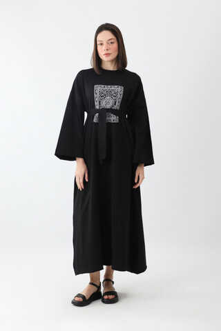Anadolu Desen Baskılı Sweat Elbise Siyah - 6